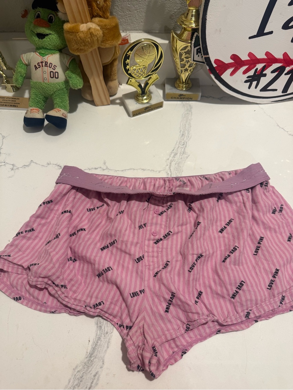 PINK Victoria's Secret Light Pink Striped 'Love PINK' Athletic Shorts